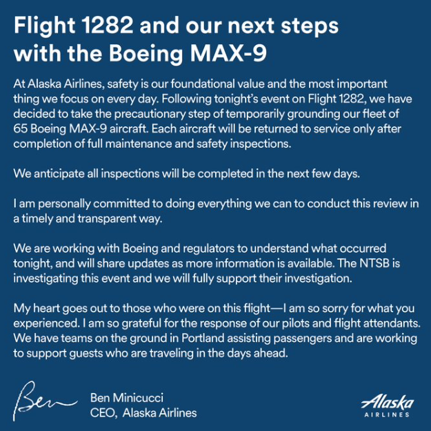 阿拉斯加航空一架波音737MAX暂时停飞其65架波音飞机 